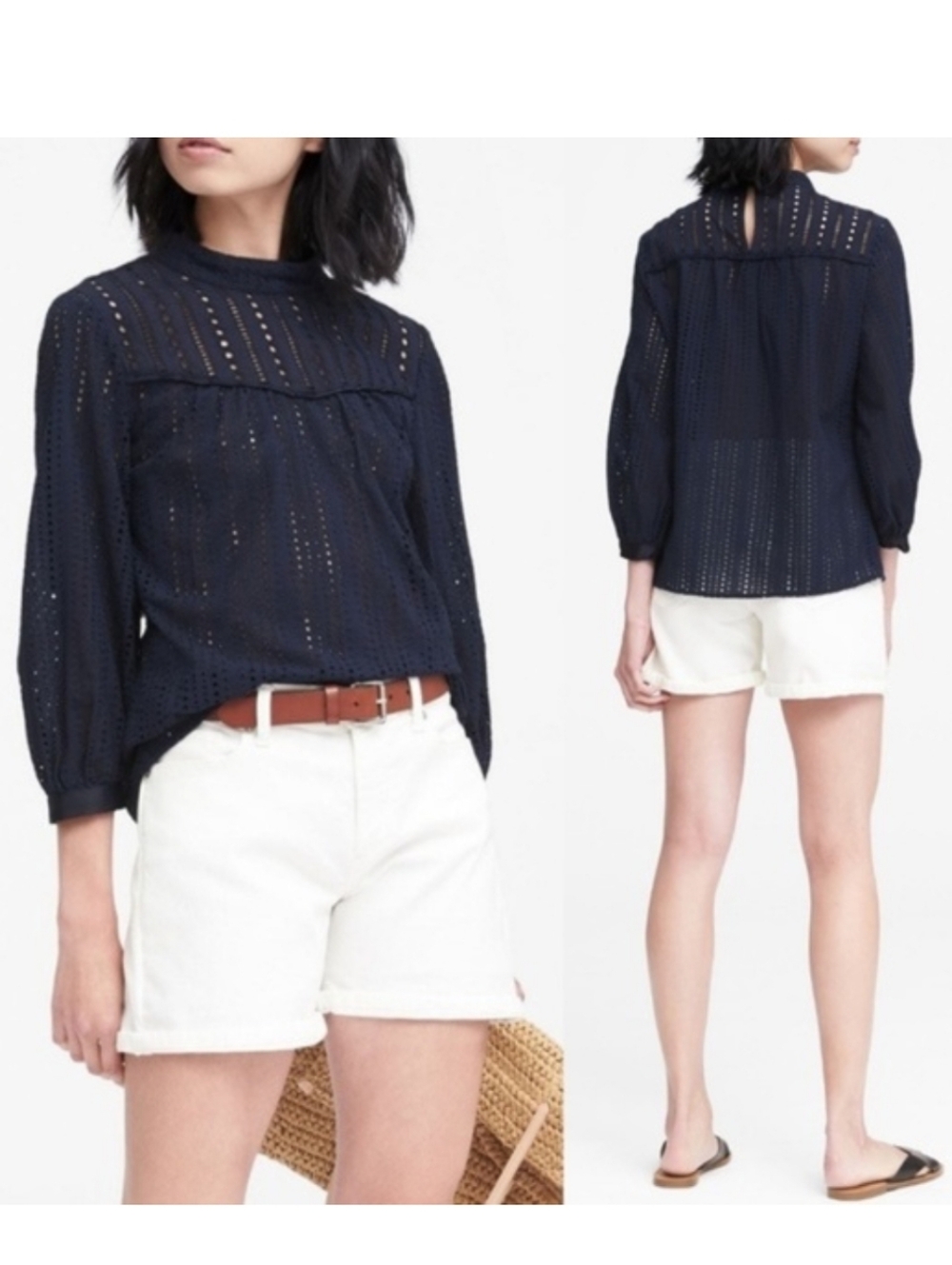 Banana Republic Navy Eyelet Mockneck Women’s Top Blouse Small